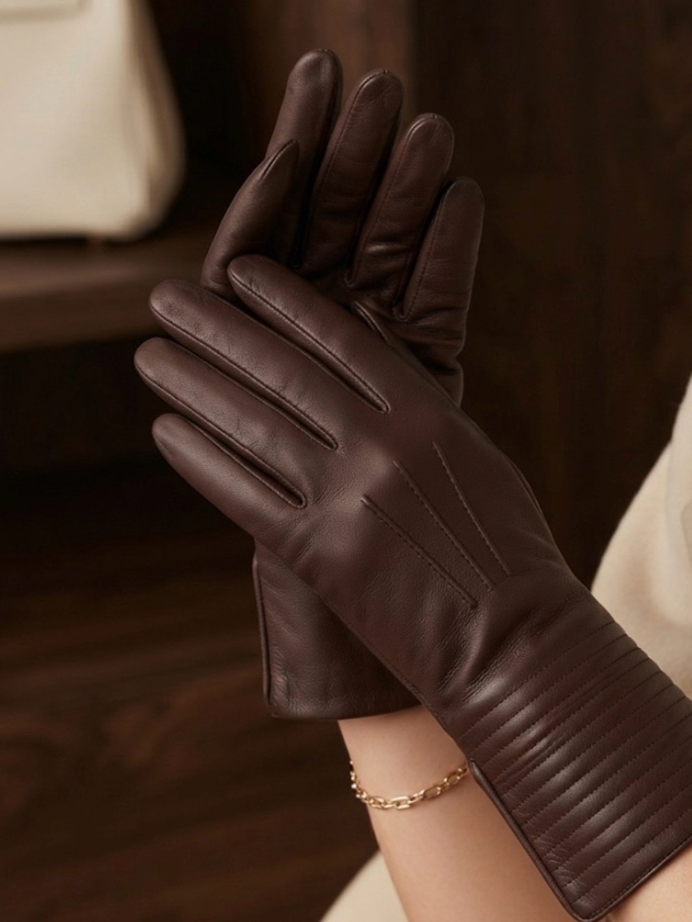 Prada Vintage Brown Leather Mid-Length Long Gloves (100% Silk Lining)